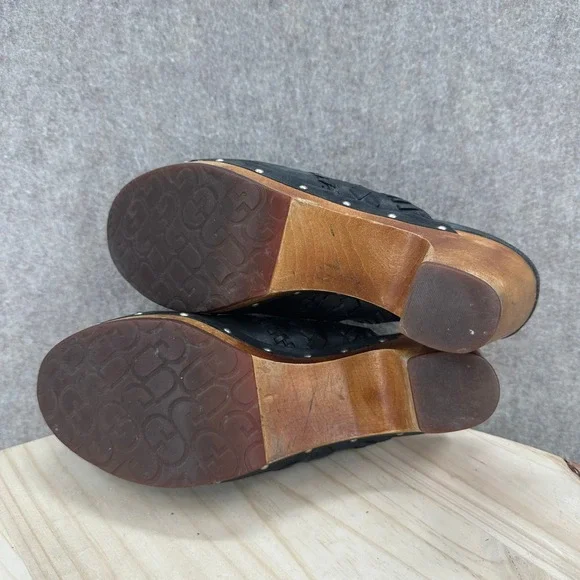 UGG Australia Black Leather Woven Whipstitch Wood Heel Studded Clogs Mules 8 - Picture 13 of 14